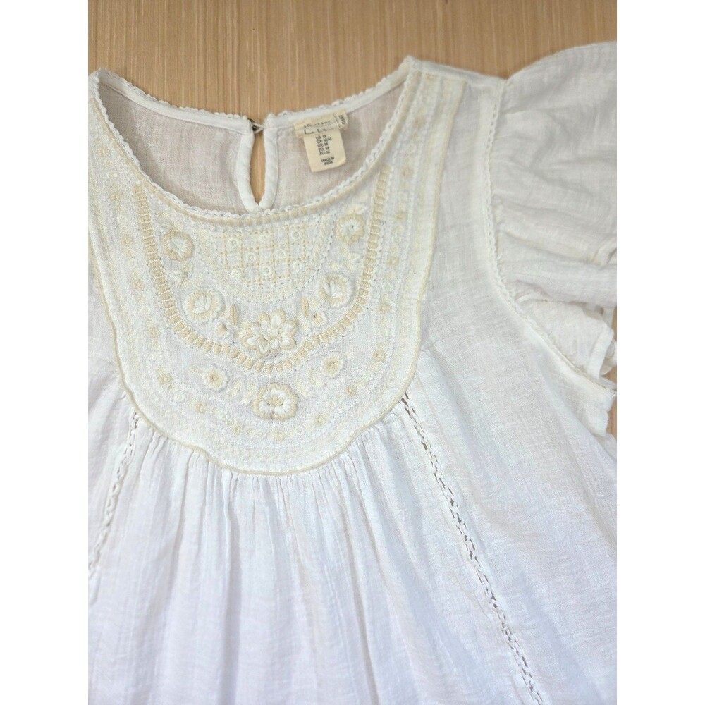 Artelier x Nicole Miller Women's M Embroidered White Blouse Flutter Short Sleeve